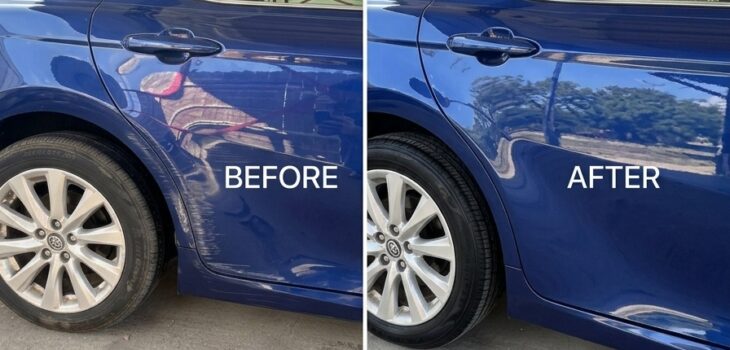 Professional minor auto body paint scratch repair on a car door in Sugar Land Texas
